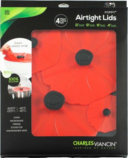 Charles Viancin Poppy Szilikon fedő készlet 4 darabos 28/23/15/10 cm - Piros pipacs forma