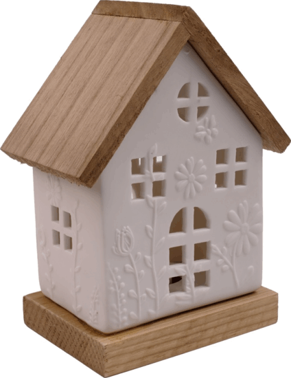 Iris kerámia/fa Házikó Led fénnyel asztali dekoráció 12x17cm - Fehét/Barna