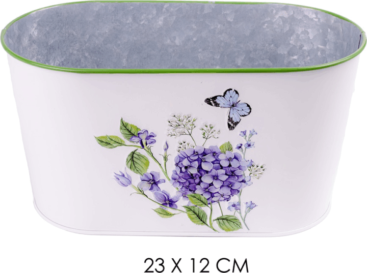 Iris hortenzia mintás ovális bádog kaspó 23x12cm - Fehér/Mintás