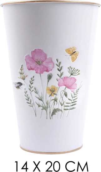 Iris bádog váza pipacs és rózsa mintával 14x20cm - FEhér