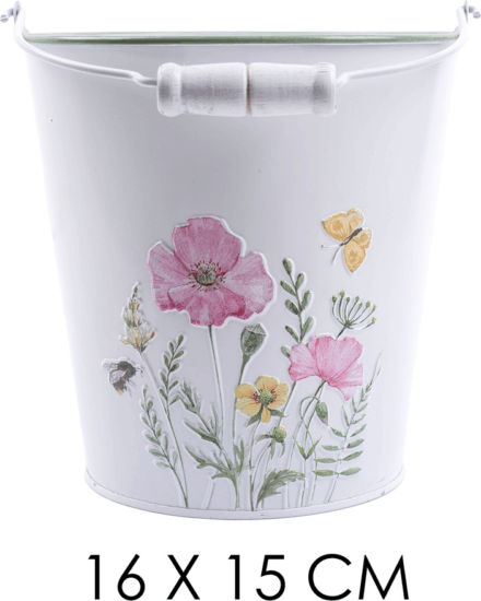 Iris Pipacs és rózsa mintás füles bádog vödör - Fehér/Mintás