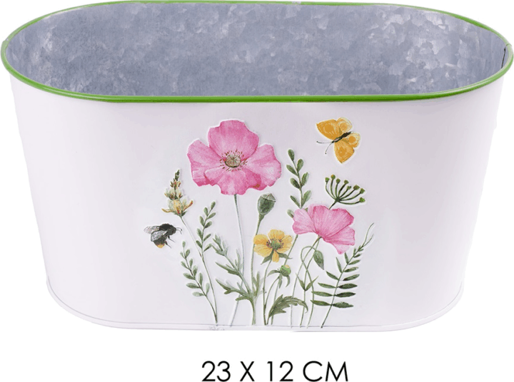 Iris Pipacs mintás ovális bádog kaspó - Fehér/Mintás