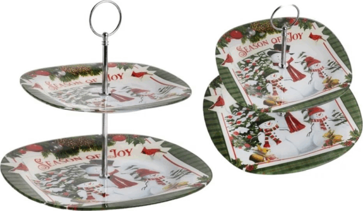 Iris 2 szintes Karácsonyi üveg sütikínáló 20cm+25cm - Hóember mintás