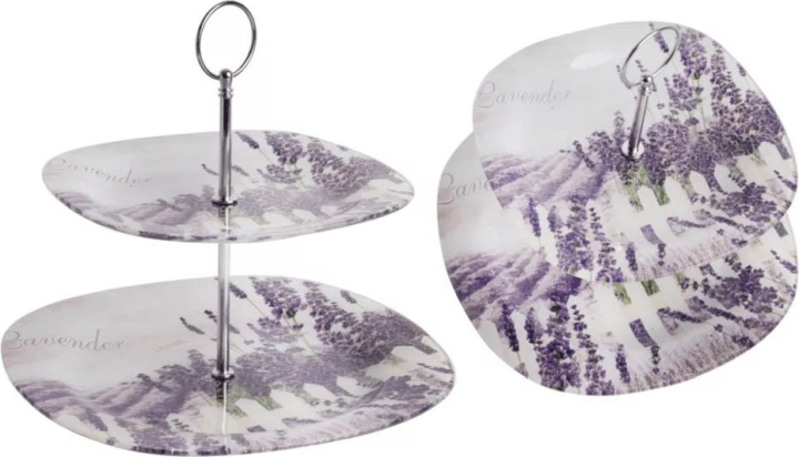 Iris Levendula mintás 2 szintes üveg sütikínáló tál 20cm+25cm - Mintás/Lila