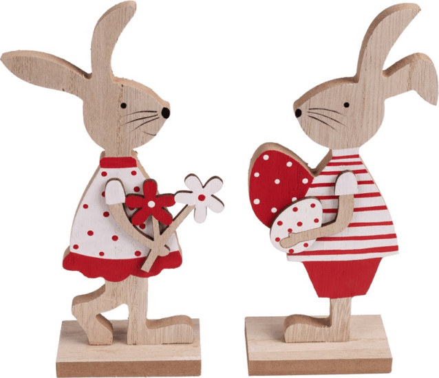 Iris Álló fa nyúl fiú/lány dekor figurák 9x18cm - Piros/Fehér (2db/csomag)