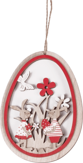 Iris Fa akasztós nyúl tojásban húsvéti dekoráció 11x16cm - Piros/Fehér