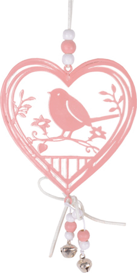Iris fém akasztós ajtódísz szív és madár motívummal 30x11cm - Rózsaszín