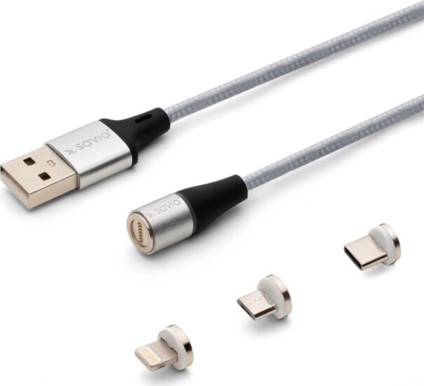 Savio CL-156 USB-a apa - MicroUSB-B/USB-C/Lightning apa Mágneses 2.0 Adat és töltő kábel 2m - Ezüst