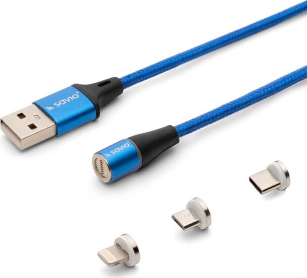 Savio CL-157 USB-a apa - MicroUSB-B/USB-C/Lightning apa Mágneses 2.0 Adat és töltő kábel 2m - Kék