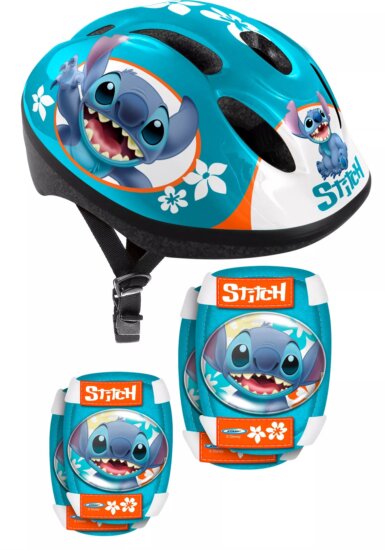 Stamp 3 részes biciklis védőfelszerelés szett bukósisakkal és könyökvédővel - Stich mintás (52-56 cm)