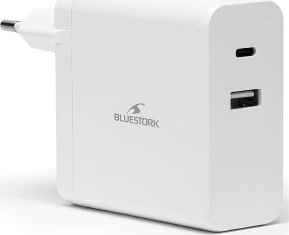 Bluestork PW-NB-65-C-W USB-C / USB-A Hálózati Gyorstöltő Adapter 65W + 1.8m USB-C kábel - Fehér