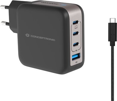 Conceptronic ALTHEA18B 3xUSB-C / USB-A Hálózati Gyorstöltő Adapter 100W + USB-C töltőkábel - Fekete