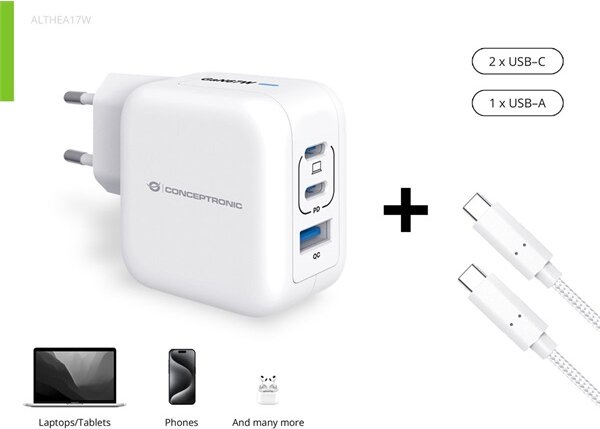Conceptronic ALTHEA17W 2xUSB-C / USB-A Hálózati Gyorstöltő Adapter 67W + USB-C töltőkábel - Fehér Conceptronic ALTHEA17W 2xUSB-C / USB-A Hálózati Gyorstöltő Adapter 67W + USB-C töltőkábel - Fehér