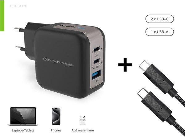 Conceptronic ALTHEA17B 2xUSB-C / USB-A Hálózati Gyorstöltő Adapter 67W + USB-C töltőkábel - Fekete Conceptronic ALTHEA17B 2xUSB-C / USB-A Hálózati Gyorstöltő Adapter 67W + USB-C töltőkábel - Fekete
