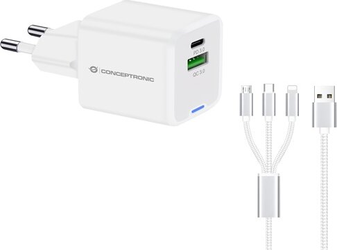 Conceptronic ALTHEA16W USB-C / USB-A Hálózati Gyorstöltő Adapter 33W + 3in1 töltőkábel - Fehér