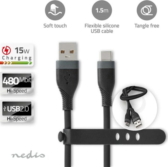 Nedis CCGB60800BK15 Flexibilis USB-A apa - USB-C apa 2.0 Adat és töltő kábel 15W 1.5m - Fekete
