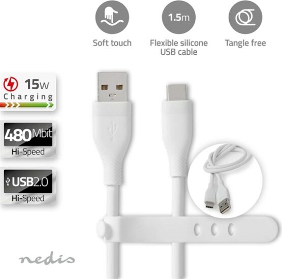 Nedis CCGB60800WT15 Flexibilis USB-A apa - USB-C apa 2.0 Adat és töltő kábel 15W 1.5m - Fehér