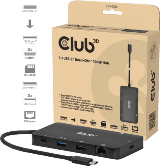 Club3D CSV-2552 Univerzális USB-C Laptop dokkoló Állomás 100 Watt