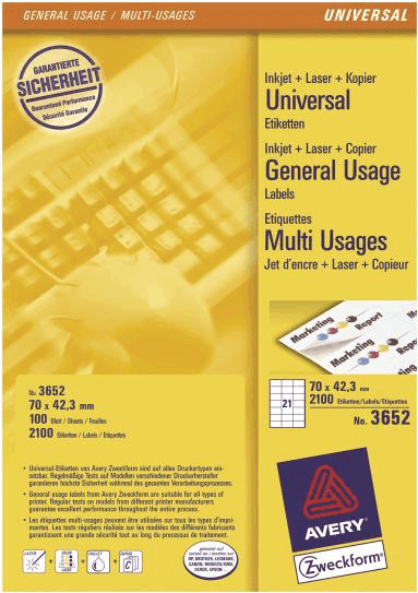 Avery Zweckform 70 x 42,3mm Címke tintasugaras és lézer nyomtatóhoz (2100 db / csomag)