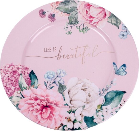 Iris Bádog kör alakú tálca 33 x 1,5 cm - Rózsaszín rózsás