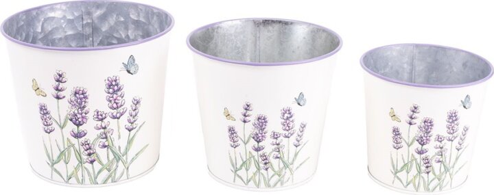 Iris Kerek Bádog 15 - 11,5 cm kaspó 3 darab - Fehér levendula mintás