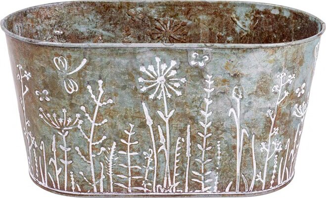 Iris Ovális Bádog 23cm kaspó - Rozsdás pitypangos mintás