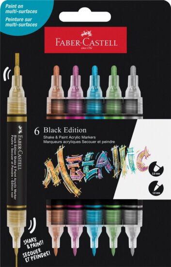 Faber-Castell Black Edition Shake&Paint Kétvégű akrilfilctoll készlet - Vegyes metál színek (6 db / csomag)