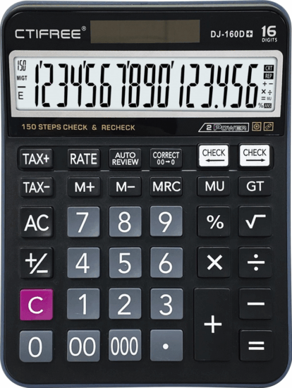 CTIFREE DJ-160Dplus Elem / Napelem 16 digit Számológép TAX funkcióval - Fekete