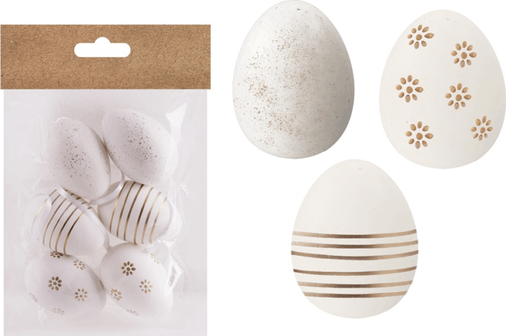 Iris műanyag tojás húsvéti dekoráció 4x6cm - Fehér/Arany minta (6db/csomag)