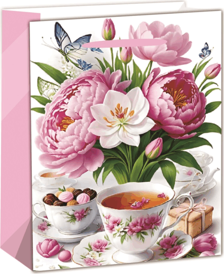 Iris Rózsa és tea mintás Szalagfüles Papír ajándéktasak (26 x 32cm) - Rózsaszín