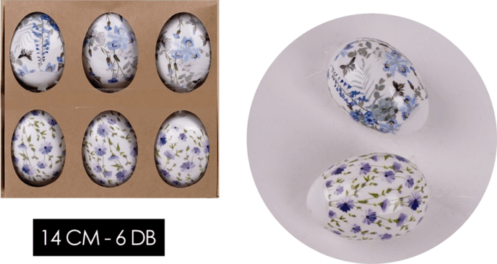 Iris műanyag tojás húsvéti dekoráció 14cm - Kék virágos (6db/csomag)