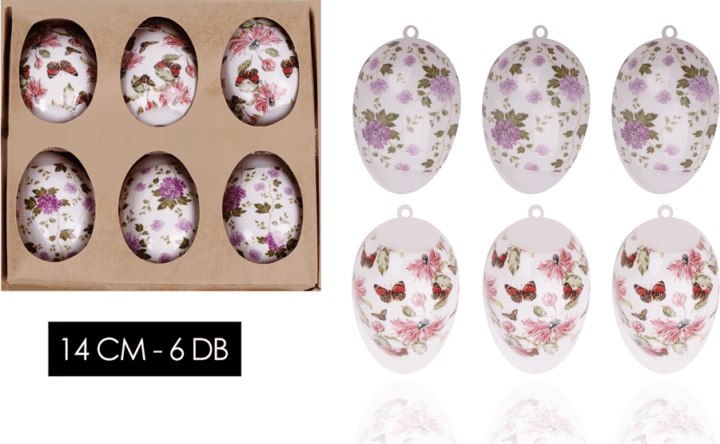 Iris műanyag tojás Húsvéti dekoráció - Lila virágos 14cm (6db/csomag)