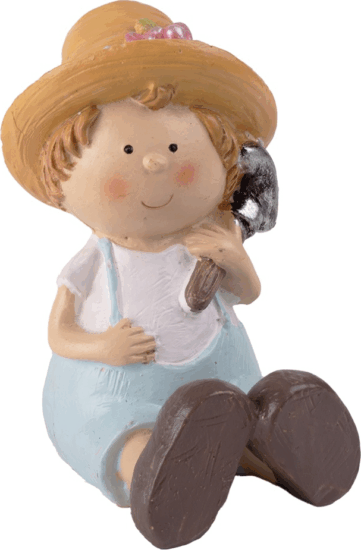 Iris műgyanta ülő fiú ásóval Tavaszi lakásdekoráció 5,5x8cm - Kék