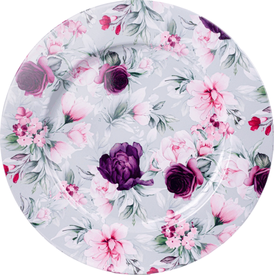 Iris bádog tálca virágos mintával 33x1,5cm - Lila/Rózsa