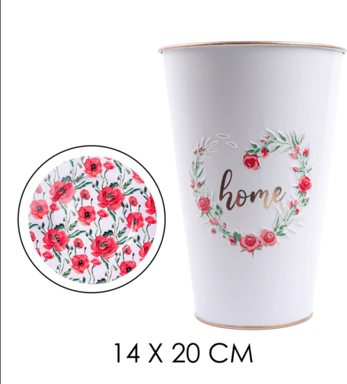 Iris Bádog váza pipacs mintával 14,5x22,5cm - Fehér/Piros