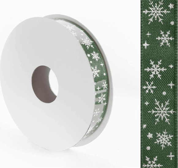 Iris Hópihe mintás díszítő karácsonyi szalag 15mm/10méter - Zöld Iris Hópihe mintás díszítő karácsonyi szalag 15mm/10méter - Zöld