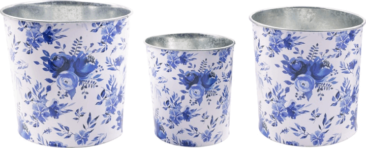 Iris Kék virág mintáa bádog kaspó szett 5-15cm (3db/csomag) - Fehér