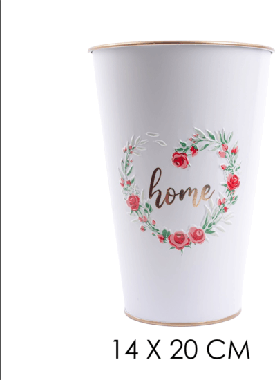 Iris bádog váza Home felirattal és rózsa mintával 14x20cm - Fehér