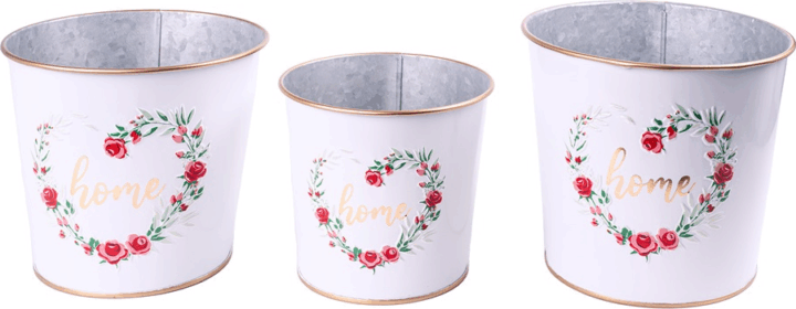 Iris bádog kaspó Home felirattal 15-15cm - Fehér alapon rózsa minta