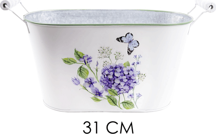 Iris Hortenzia mintás ovális alakú füles bádog kaspó 31cm- Fehér