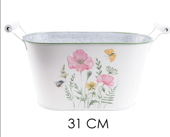 Iris Virág mintás ovális alakú füles 31cm bádog kaspó - Fehér