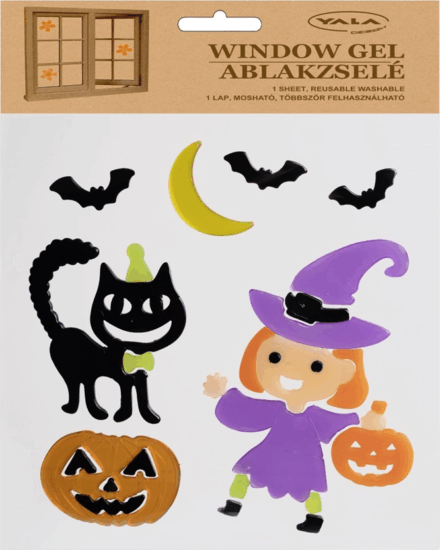 Iris boszi és fekete macska mintás ablakzselé Halloween dekoráció 20x25cm