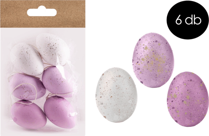 Iris dekor műanyag tojás húsvéti dekoráció 4x6cm - Lila/Fehér (6db/csomag)