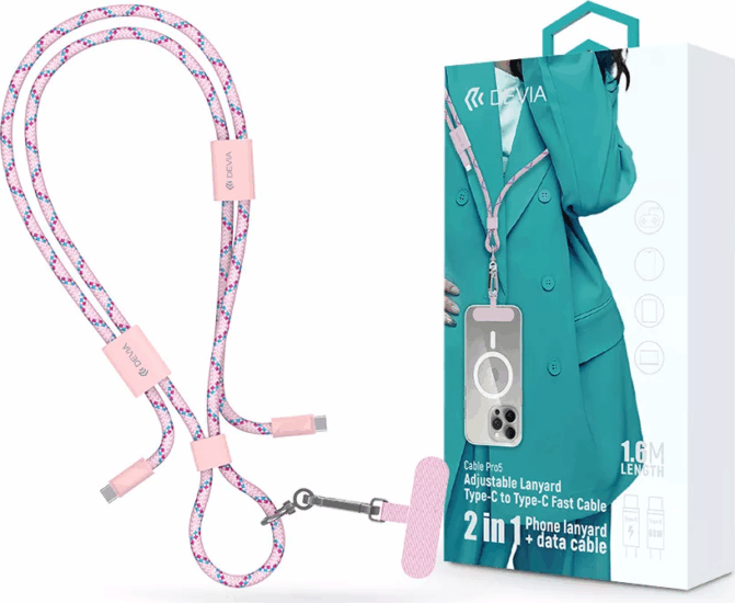 Devia ST124967 Cable Pro5 USB-C apa USB-C apa Adat és töltőkábel 1,6m + nyakpánt - Rózsaszín