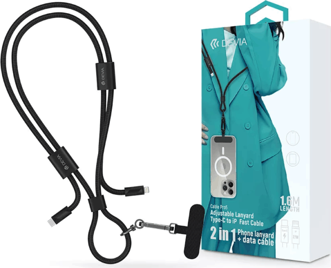 Devia ST124981 Cable Pro5 USB-C apa Lightning apa Adat és töltőkábel 1,6m + nyakpánt - Fekete