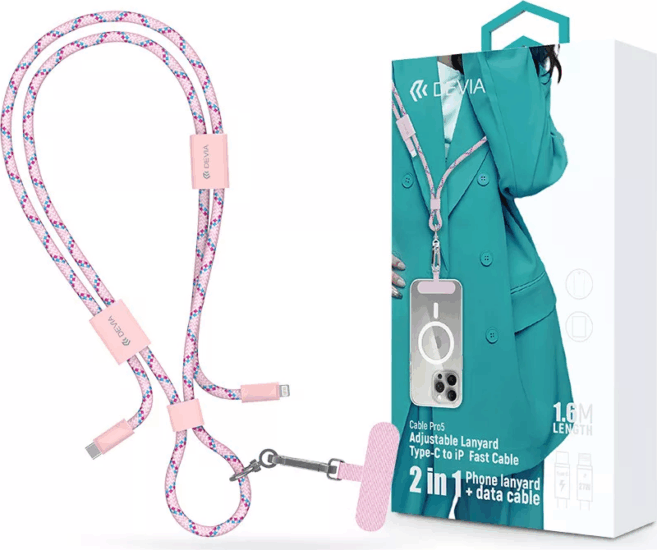 Devia ST124998 Cable Pro5 USB-C apa Lightning apa Adat és töltőkábel 1,6m + nyakpánt - Rózsaszín