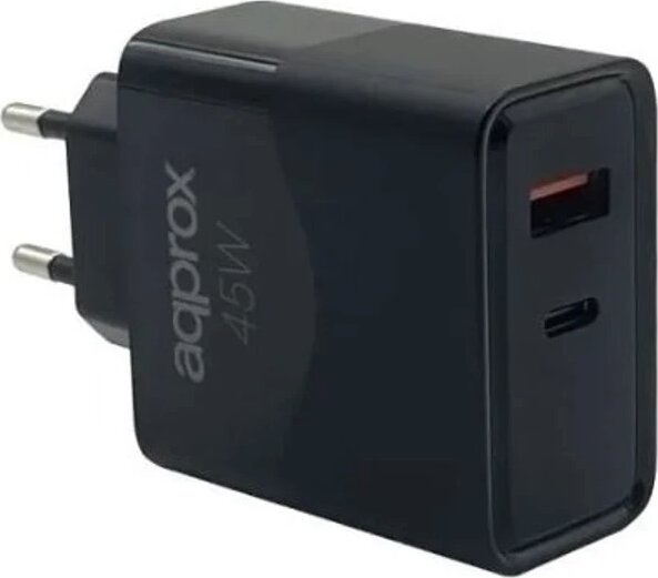 Approx 1x USB-A / 1x USB-C Hálózati Gyorstöltő Adapter 45W + USB-C Kábel 1m - Fekete