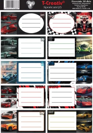 T-Creativ Sportautó mintás füzetcímke 10 db T-Creativ Sportautó mintás füzetcímke 10 db