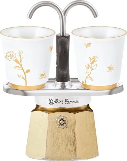 Bialetti MINI Express 2 személyes Kotyogós kávéfőző 2 db csészével - Fehér / Arany