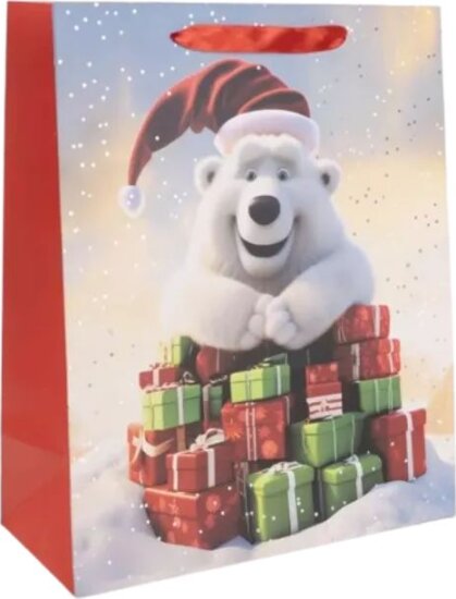 Jegesmaci ajándékokkal Szalagfüles Papír ajándéktasak karácsonyra (18 x 23 cm) - Mintás